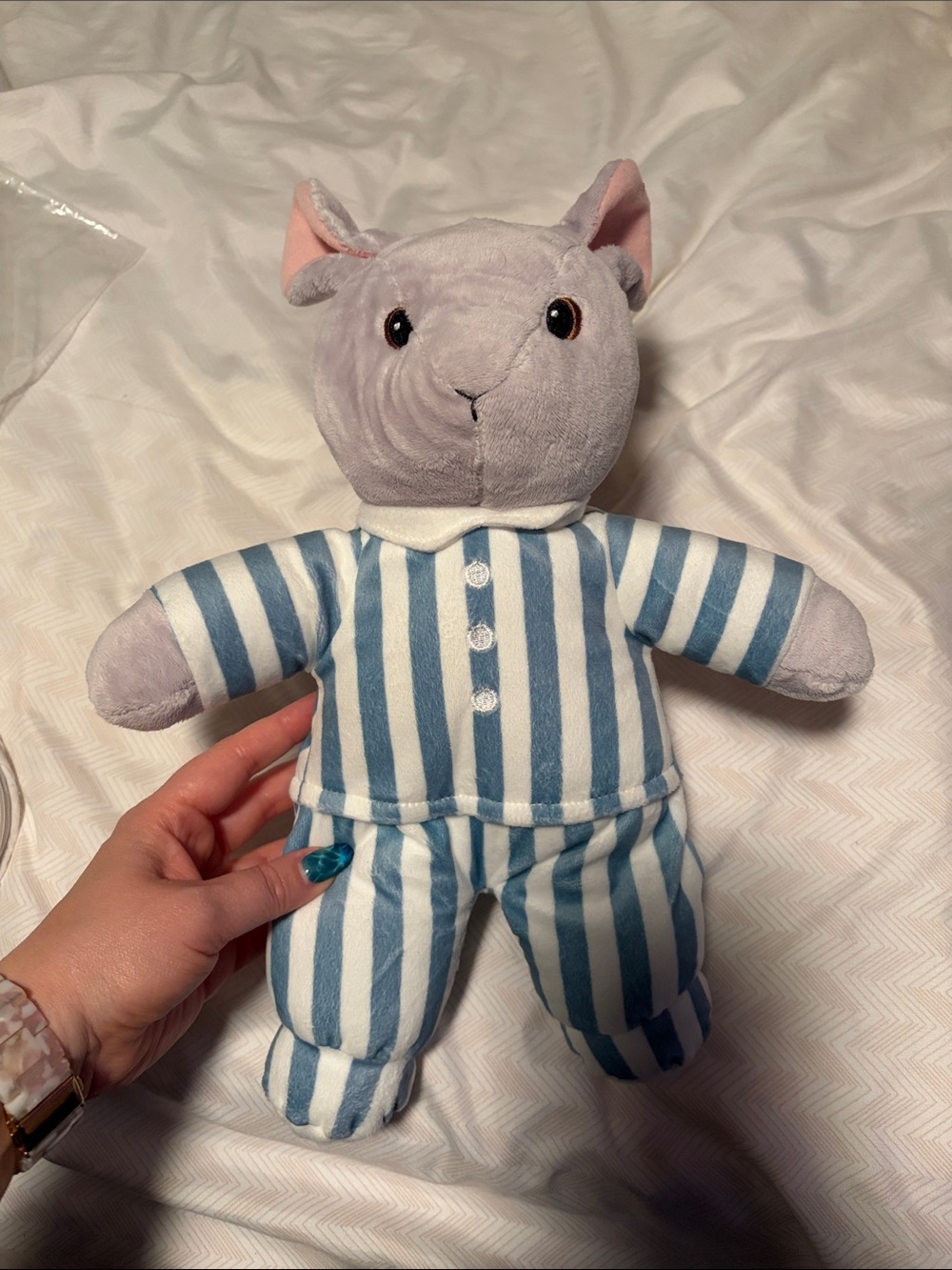 Plush Goodnight Moon Rabbit Toy in Light Gray with Blue Striped Pajamas